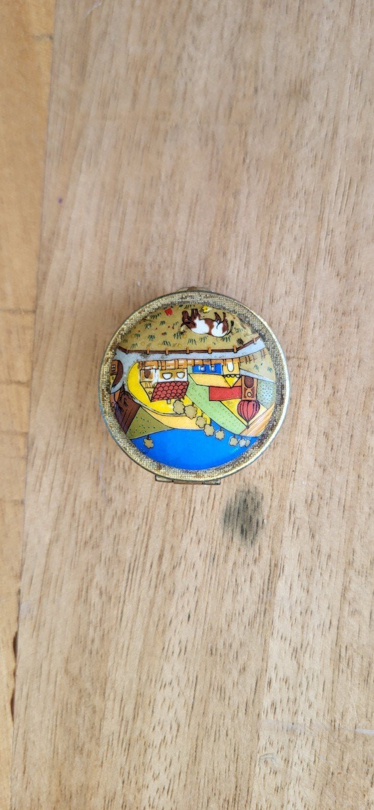 Vintage pillendoosje met kleurrijke afbeelding, Ophalen