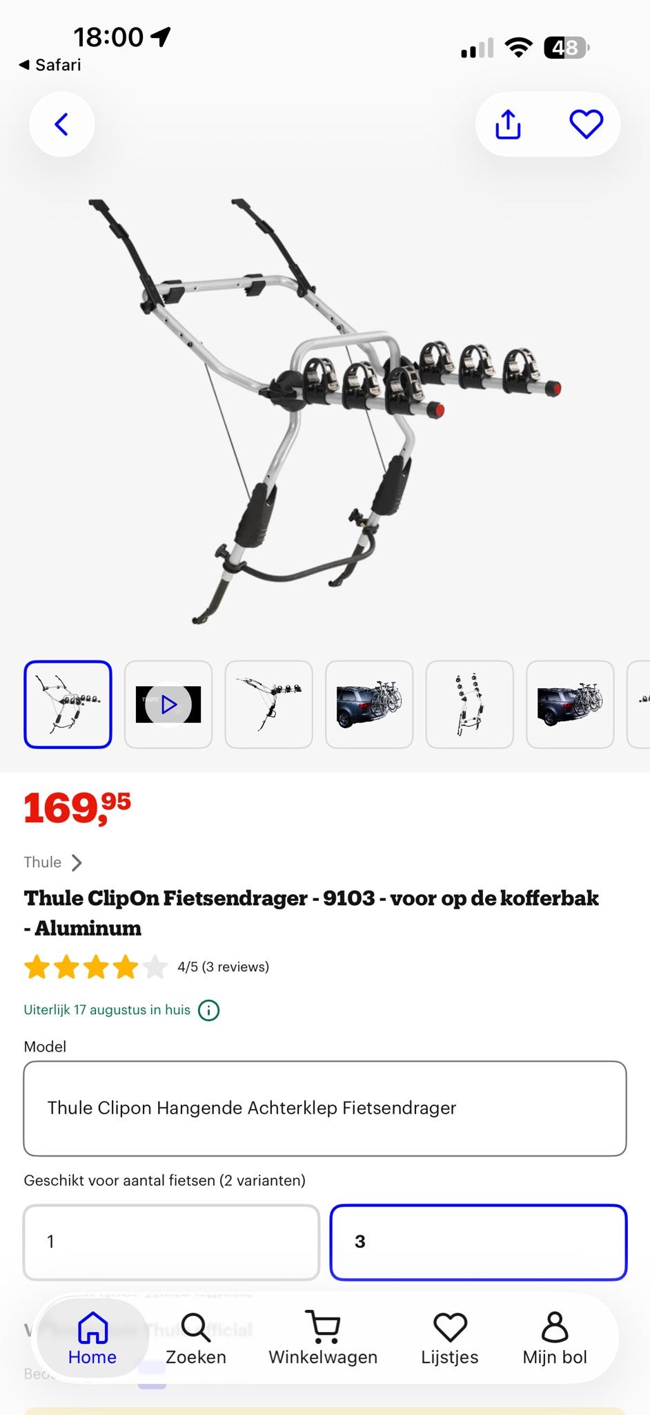 Thule ClipOn Fietsendrager 9103 voor 3 fietsen, Ophalen, 3 fietsen of meer, Gebruikt, Achterklepdrager