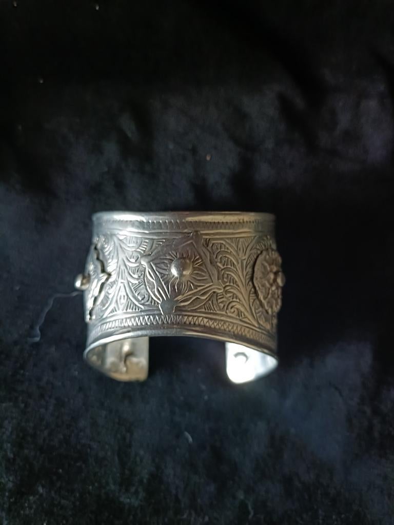 Antiek Verzilverde Manchet Armband - Verstelbaar, Sieraden, Tassen en Uiterlijk, Armbanden, Gebruikt, Zilver, Zilver, Ophalen of Verzenden