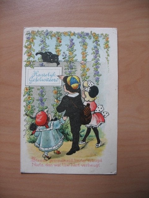 Hartelijk gefeliciteerd kinderen en kat. Vintage kaart, Verzenden, Voor 1920, Gelopen, Kinderen