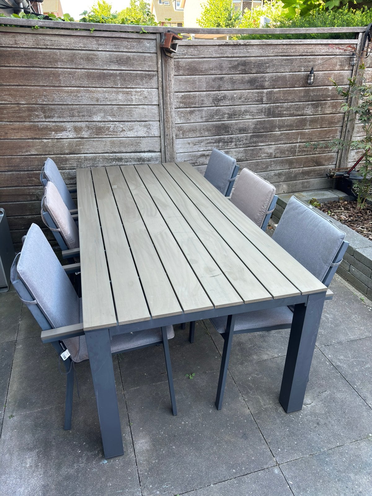 Polywood Tuintafel 1x2.2m + 6 stoelen gratis kussens, Ophalen, Gebruikt, Eettafel, 6 zitplaatsen