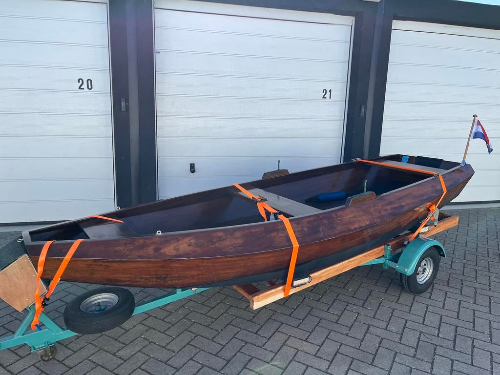 Koo boot, hardhouten roeiboot met trailer, Watersport en Boten, Ophalen, Zo goed als nieuw, Hout, Met aanhanger of trailer