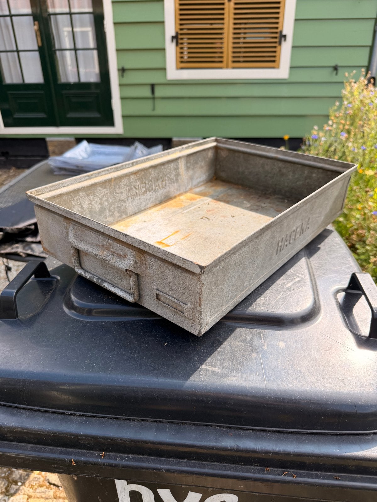 Vintage gegalvaniseerde metalen bak 'HACKEBA', Ophalen of Verzenden