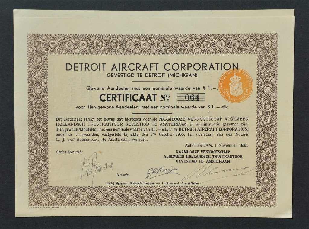 Detroit Aircraft Corporation (Lockheed Aircraft) - 1935, Verzenden, 1920 tot 1950, Certificaat van aandeel