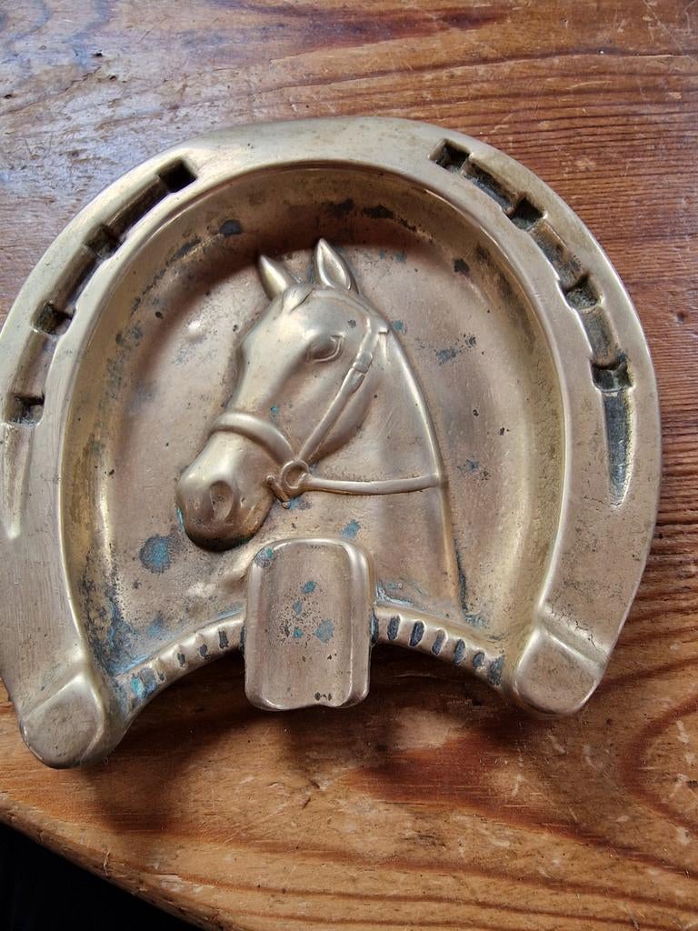 Vintage Koperen Asbak Hoefijzer met Paardenhoofd, Ophalen of Verzenden