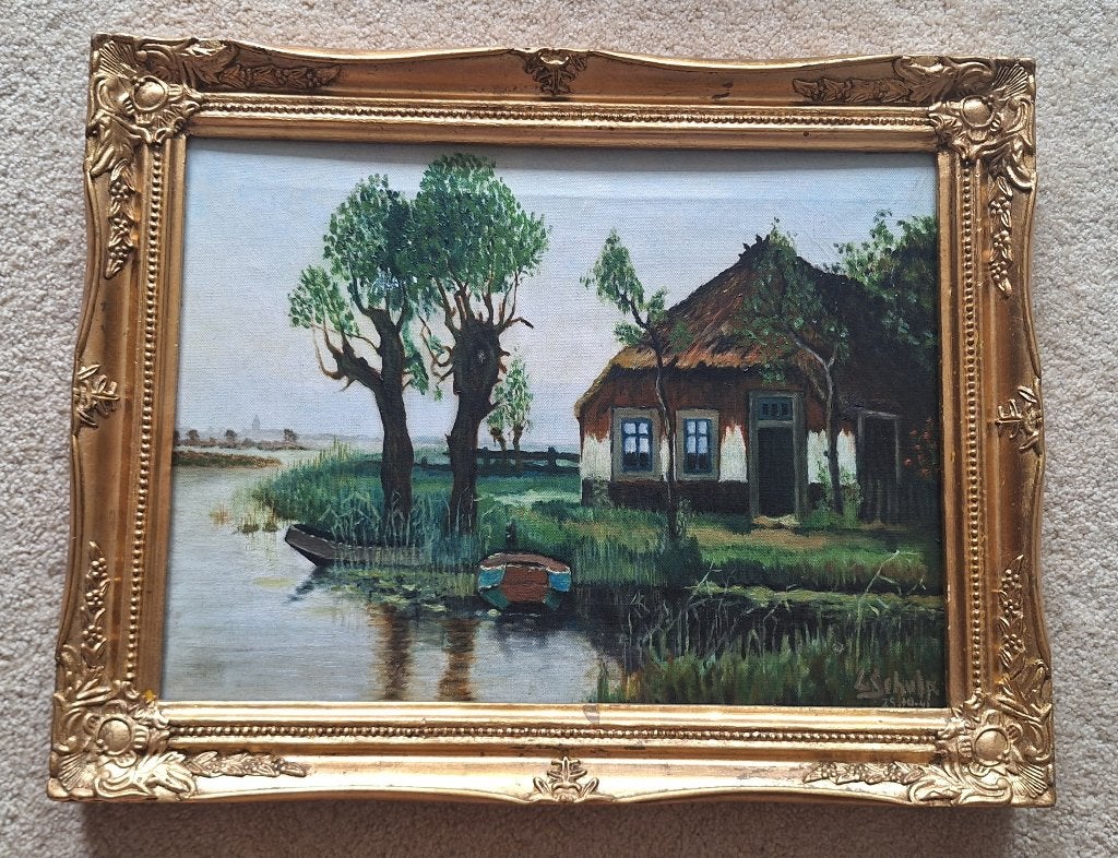 Gesigneerd schilderij Hollands landschap en boerderij, Antiek en Kunst, Ingelijst, Doek, Realistisch, Ophalen of Verzenden