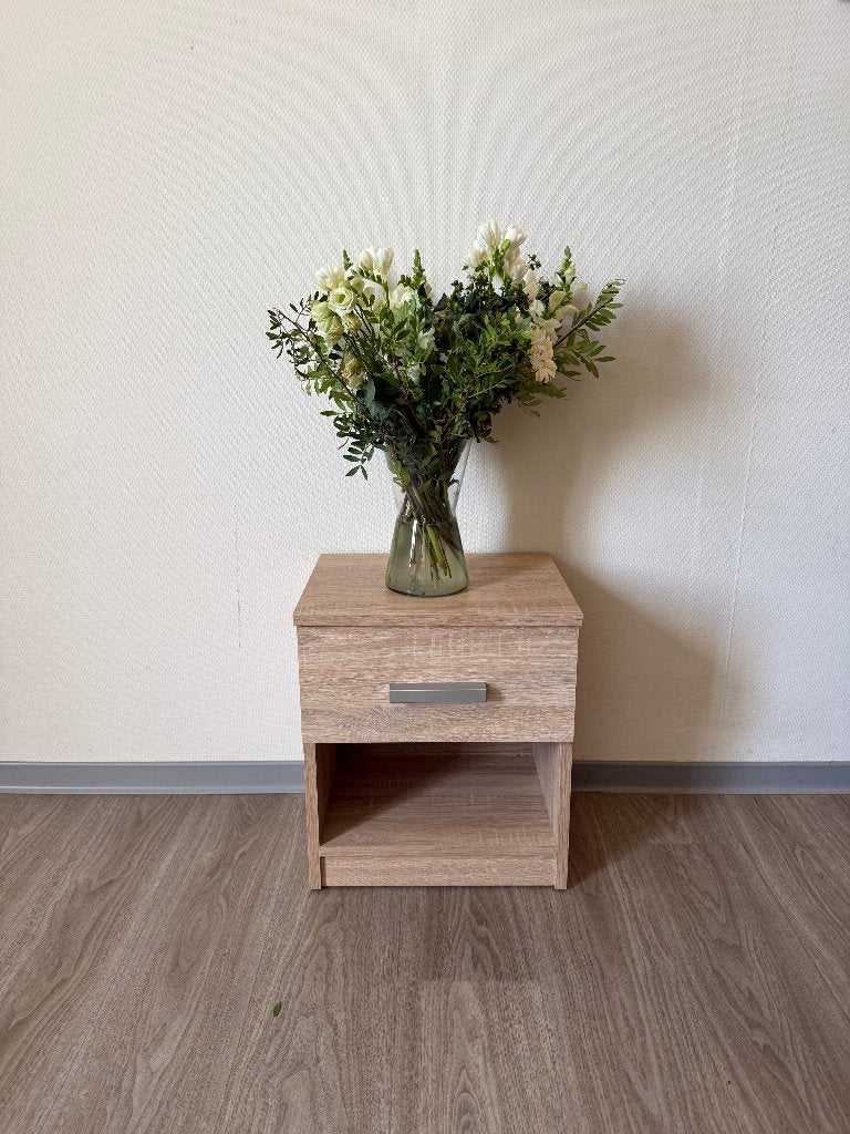 Modern nachtkastje Licht Eiken (met lade & vak) NIEUW, Ophalen, Minder dan 45 cm, Nieuw, 55 tot 70 cm