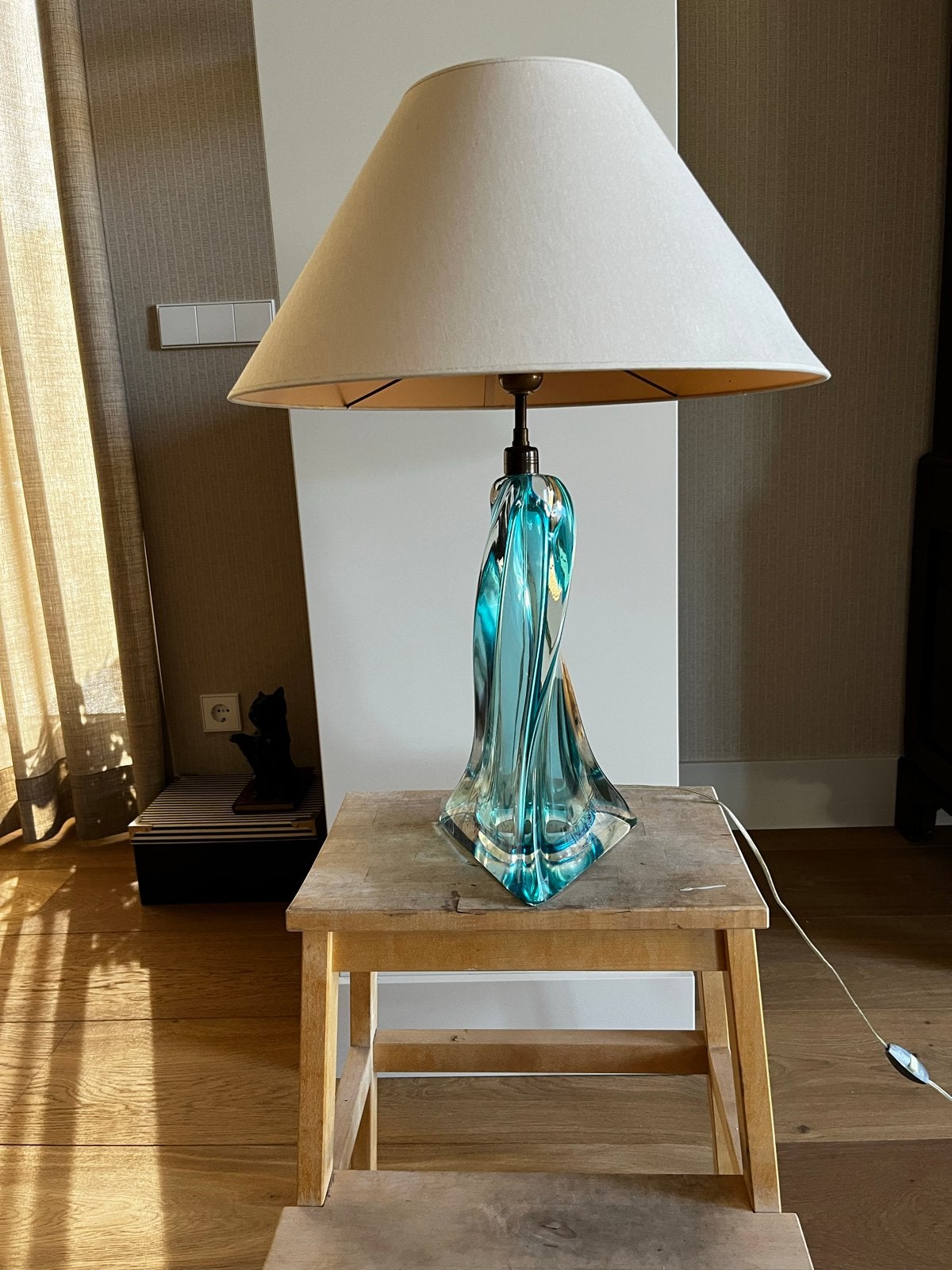 Glazen Tafellamp met Kap - 60 cm hoog, kap 45 cm breed, Gebruikt, 60 cm, Glas, Met kap