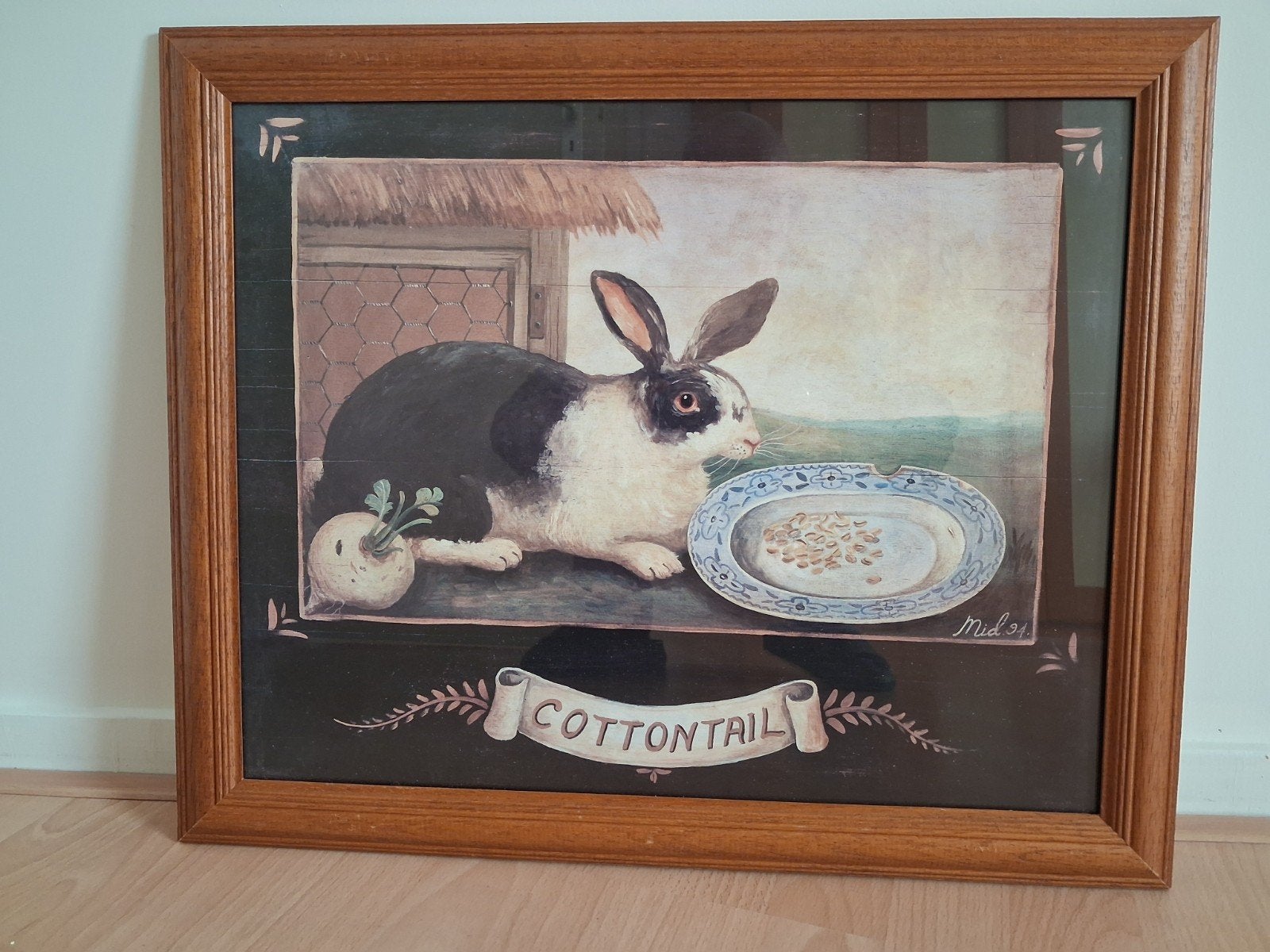 Schilderij "Cottontail" met konijn en voerbak, Ophalen, Dieren, Overige ondergronden