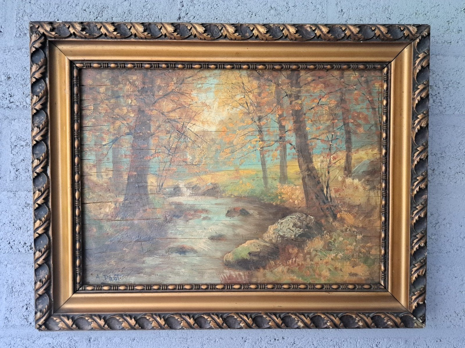 Schilderij Herfstlandschap met beek en bomen, Antiek en Kunst, Kunst | Schilderijen | Klassiek, Paneel, Origineel werk, Ophalen of Verzenden