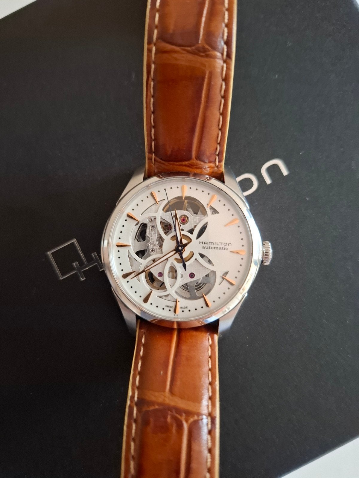 Hamilton Skeleton Jazzmaster dames horloge, Overige merken, Leer, Polshorloge, Ophalen of Verzenden
