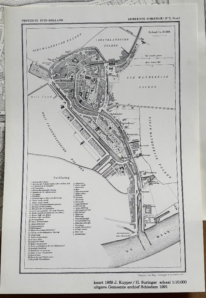 Herdruk plattegrond Schiedam (Kuyperkaart) 1869, Ophalen of Verzenden, Landkaart, 1800 tot 2000, Nederland