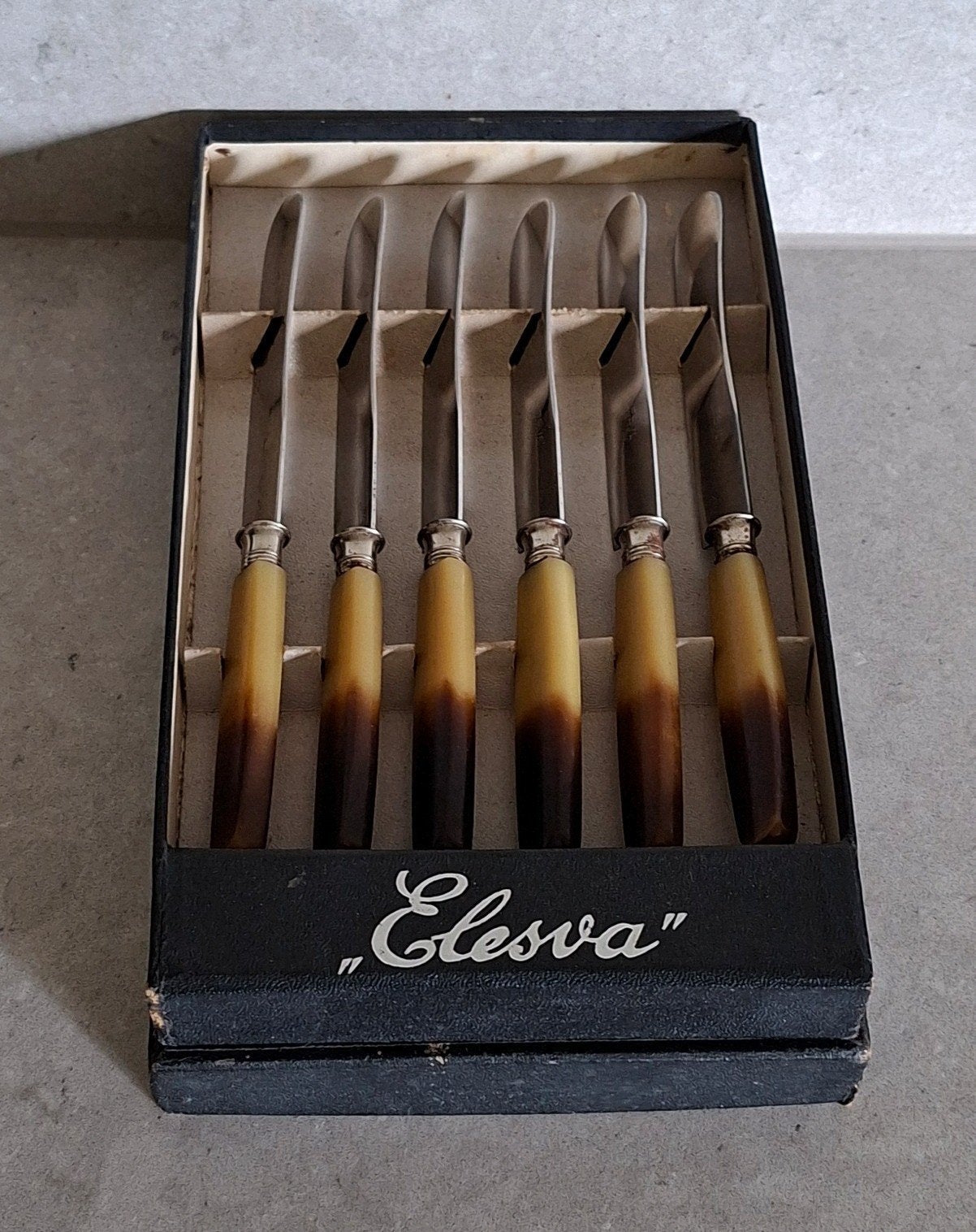 Vintage Elesva messenset (6 stuks) - Art Deco / Mid-century, Los bestek, Ophalen of Verzenden, Zo goed als nieuw, Rvs of Chroom