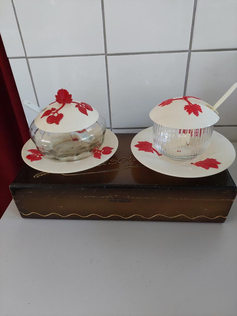 Vintage retro marmelade /jam potje en suikerpot, Ophalen of Verzenden, Glas, Overige stijlen, Glas of Glazen