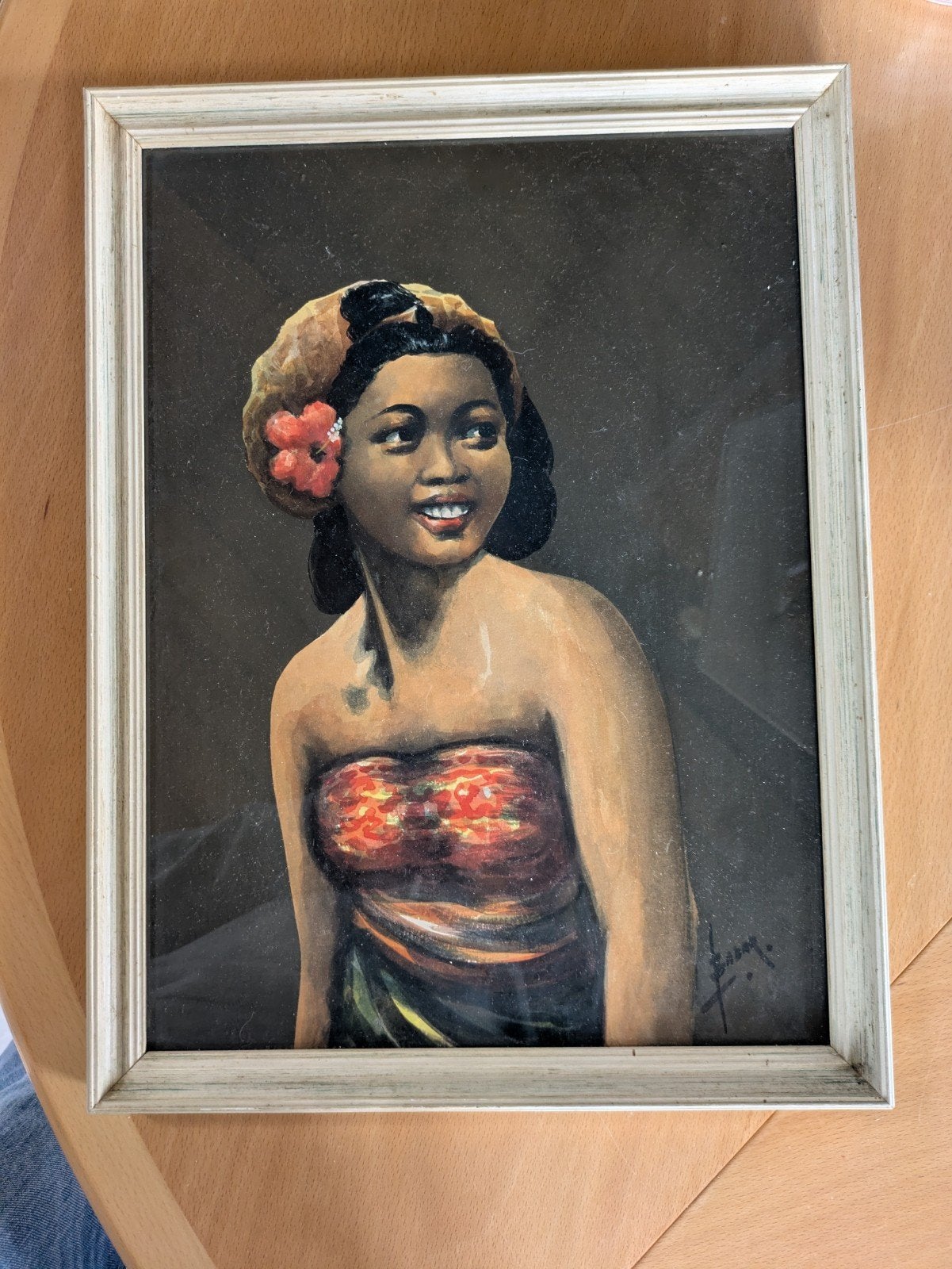 Schilderij van Indonesische vrouw in lijst vintage, Schilderij, Indonesië, Meerkleurig, Gesigneerd