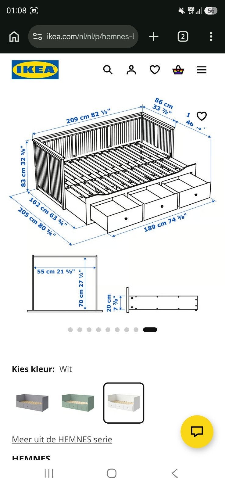 IKEA Hemnes bedbank en 3 lades, Ophalen, Modern, Scandinavisch, Wit, Tweepersoons