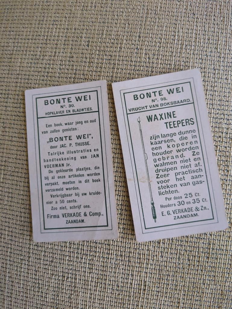2 Verkade reclamekaartjes: Bonte Wei en Waxine Teepers, Verzamelen, Merken en Reclamevoorwerpen, Ophalen of Verzenden, Nieuw