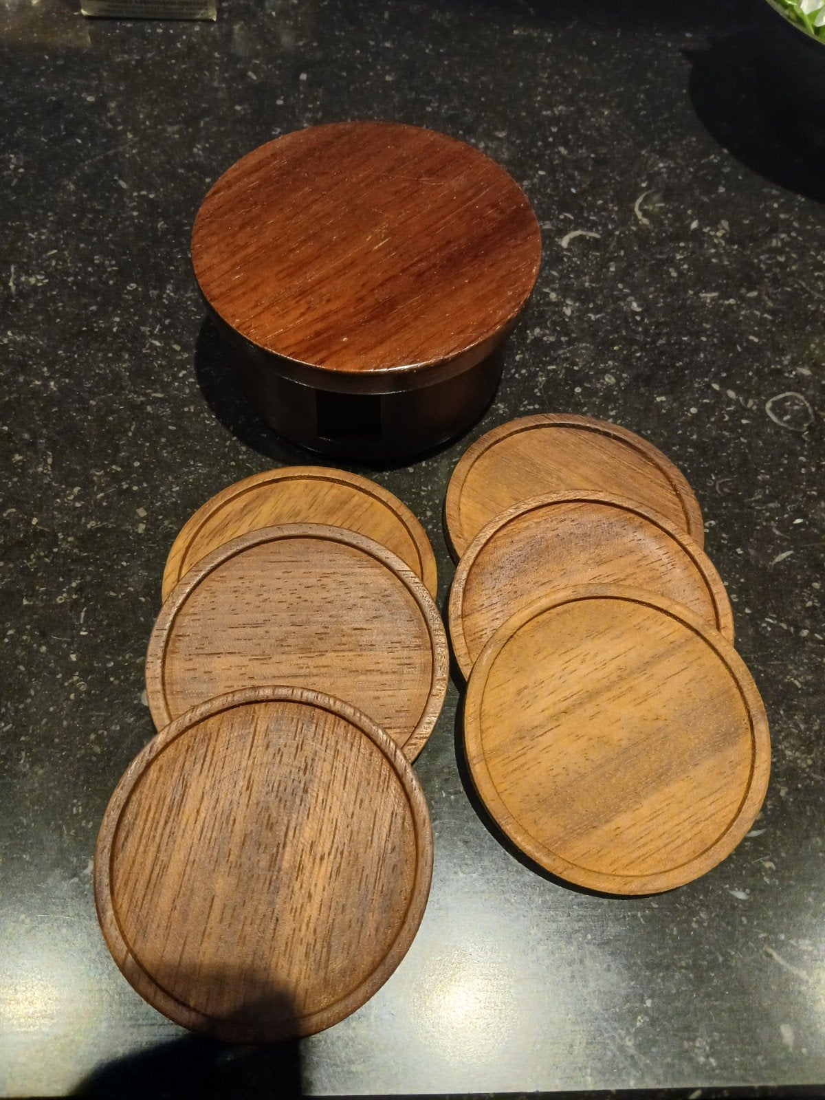 fraai set vintage teak houten onderzetters in houder, Hout, Verzenden, Glasonderzetter, Bruin
