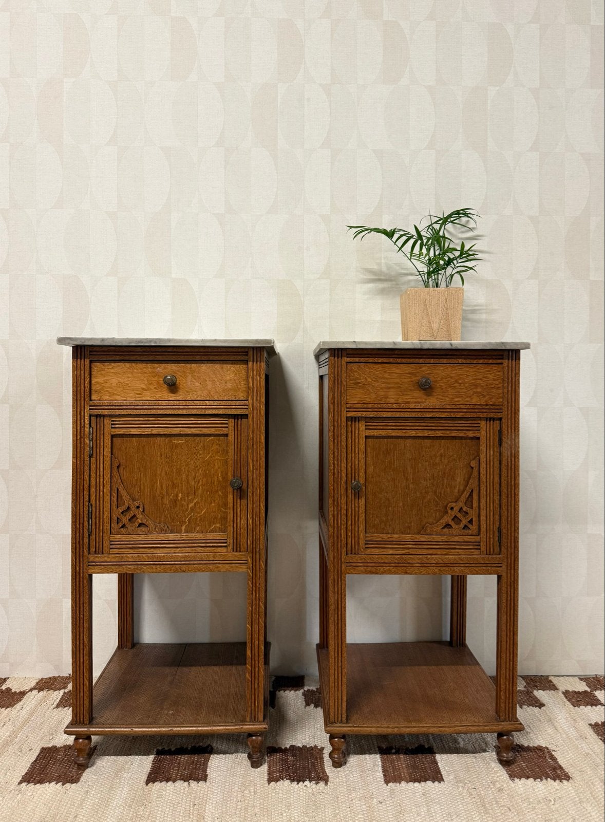 Set antieke nachtkastjes met marmeren blad messing vintage, Gebruikt, Minder dan 45 cm, Vintage, Vintage