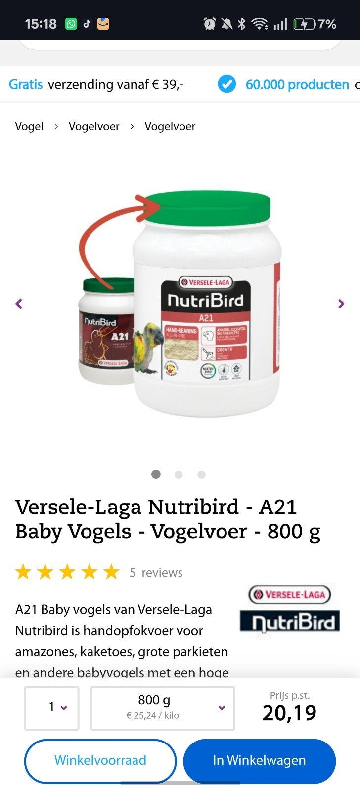 NIEUW Nutribird A21 pap, Dieren en Toebehoren, Ophalen of Verzenden, Vogel