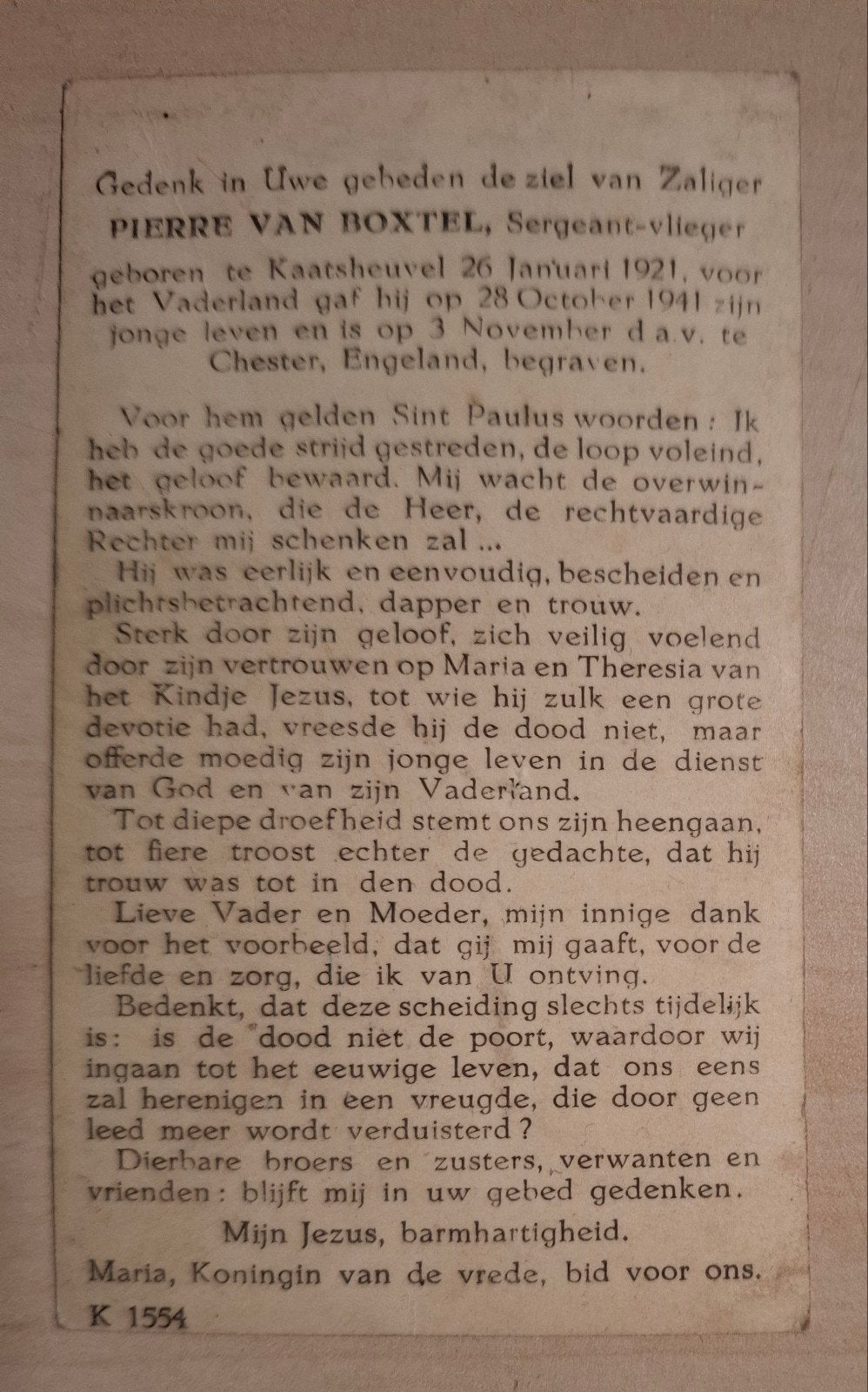 Bidprentje Nederlandse zeevaarder vliegenier Engelandvaarder, Ophalen of Verzenden