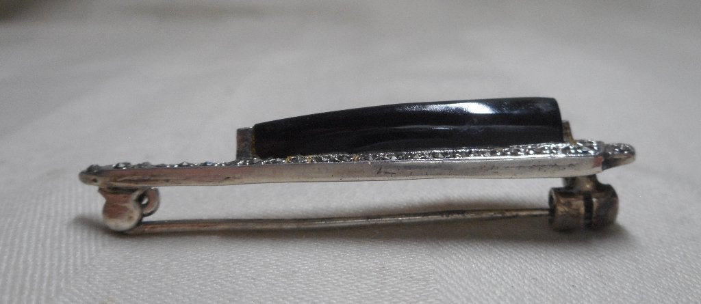 Zilveren antieke broche met onyx en markasiet nr.1750, 4 tot 7 cm, Verzenden, Zo goed als nieuw, Zilver