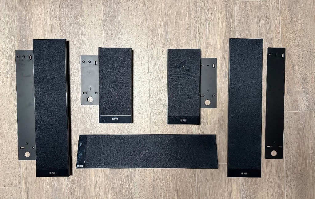 Complete KEF T-series 7.0 set inclusief standaard, Ophalen, 120 tot 150 watt, Zo goed als nieuw, Surroundset