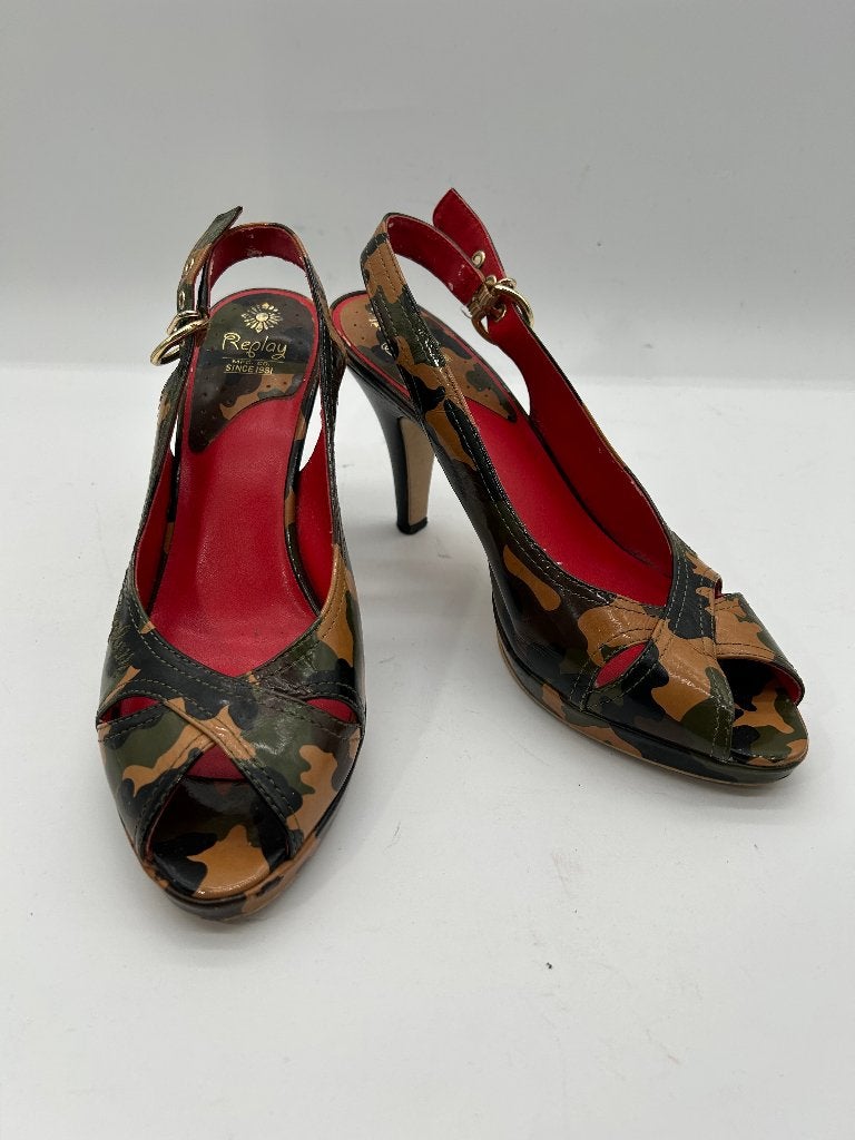 Replay, maat 39 sandalen op hak in schutkleuren, Verzenden, Replay, Sandalen of Muiltjes, Zo goed als nieuw