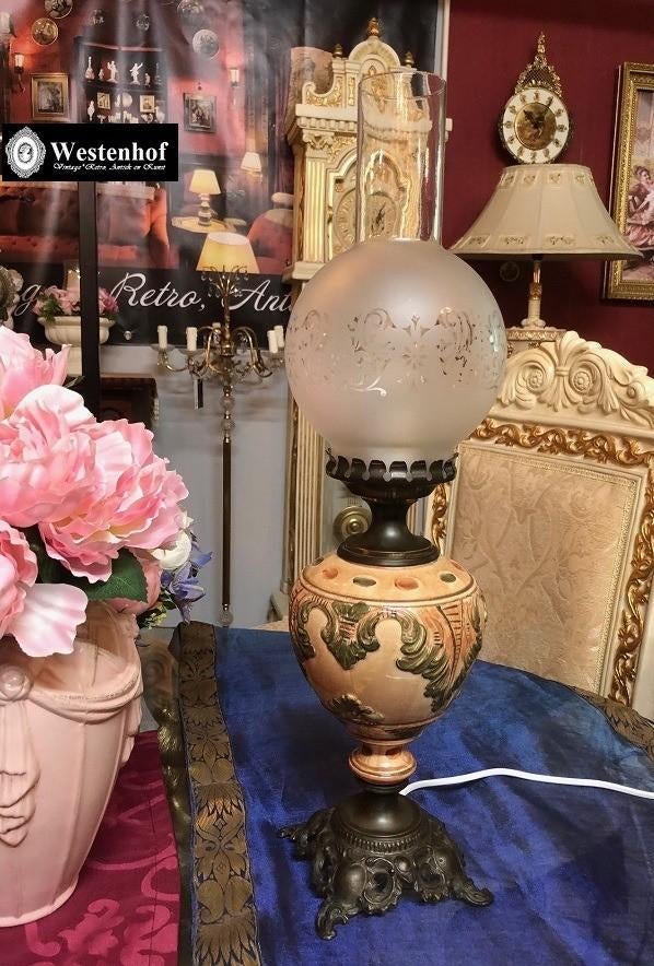 Groot brocante olielamp / tafellamp antiek koper