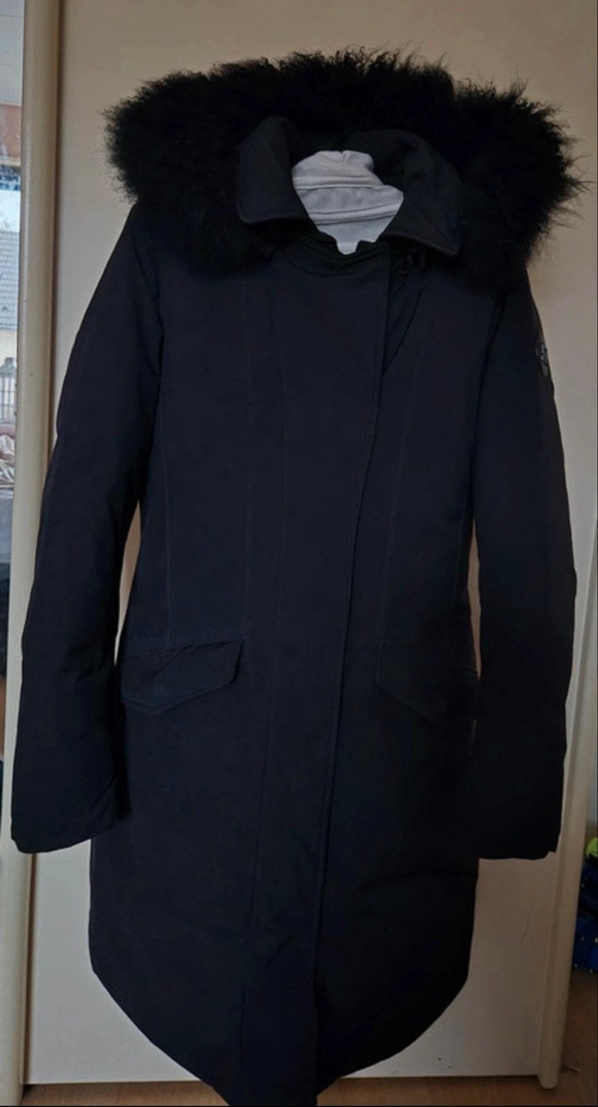Woolrich winterjas zwart met bontkraag, maat S, Ophalen of Verzenden, Gedragen, Maat 36 (S), Zwart