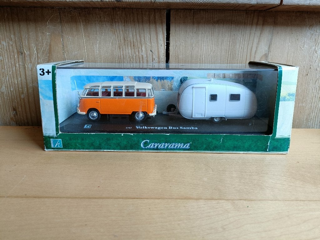 Modelbus Cararama VW T1 Samba Bus met Caravan, Hobby en Vrije tijd, Modelauto's | 1:43, Ophalen of Verzenden, Nieuw, Bus of Vrachtwagen
