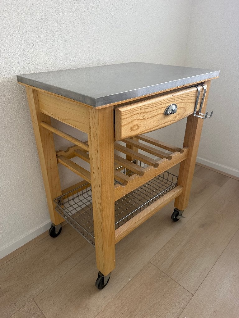 Keukenkastje/wijnrek op wielen RVS, Ophalen, Beige, 50 tot 100 cm, Zo goed als nieuw