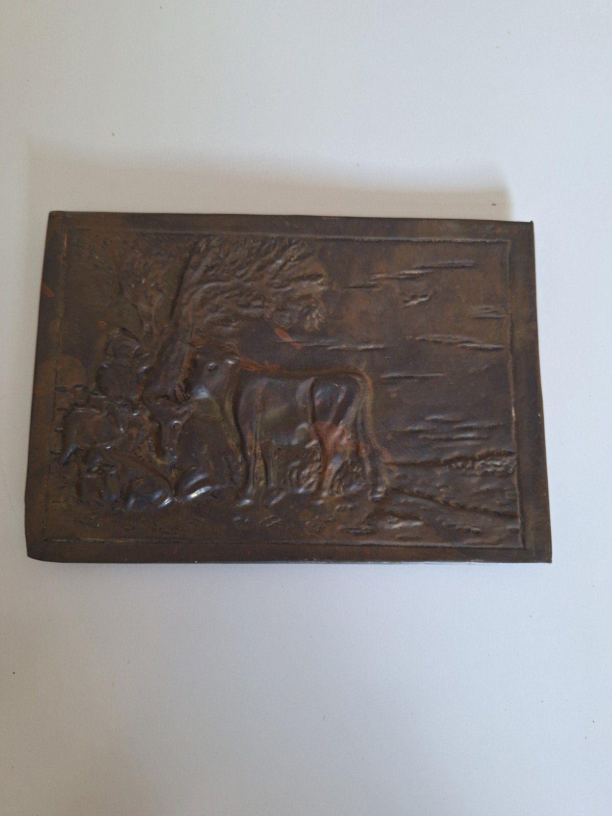 Antieke koperen plaquette met koeien en landschap, Ophalen