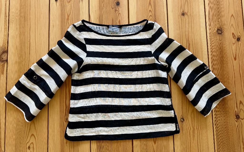 Top / Blouse Zara - Zwart wit linnen - XS / Small (maat 34), Zwart, Ophalen of Verzenden, Zo goed als nieuw, Lange mouw