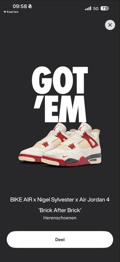 Nike Air Jordan 4 x Nigel Sylvester 'Brick After Brick' 42,5, Kleding | Heren, Schoenen, Ophalen of Verzenden, Nieuw, Wit, Sneakers of Gympen