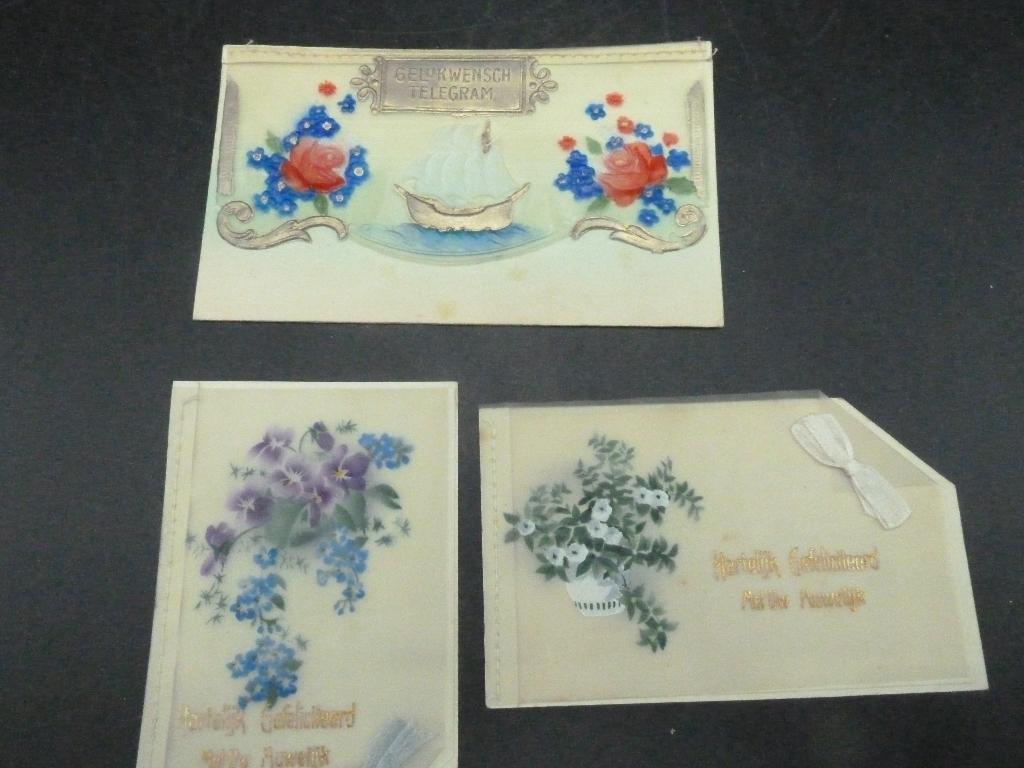 3 antieke celluloid felicitatie kaartjes., Antiek en Kunst, Curiosa en Brocante, Ophalen of Verzenden