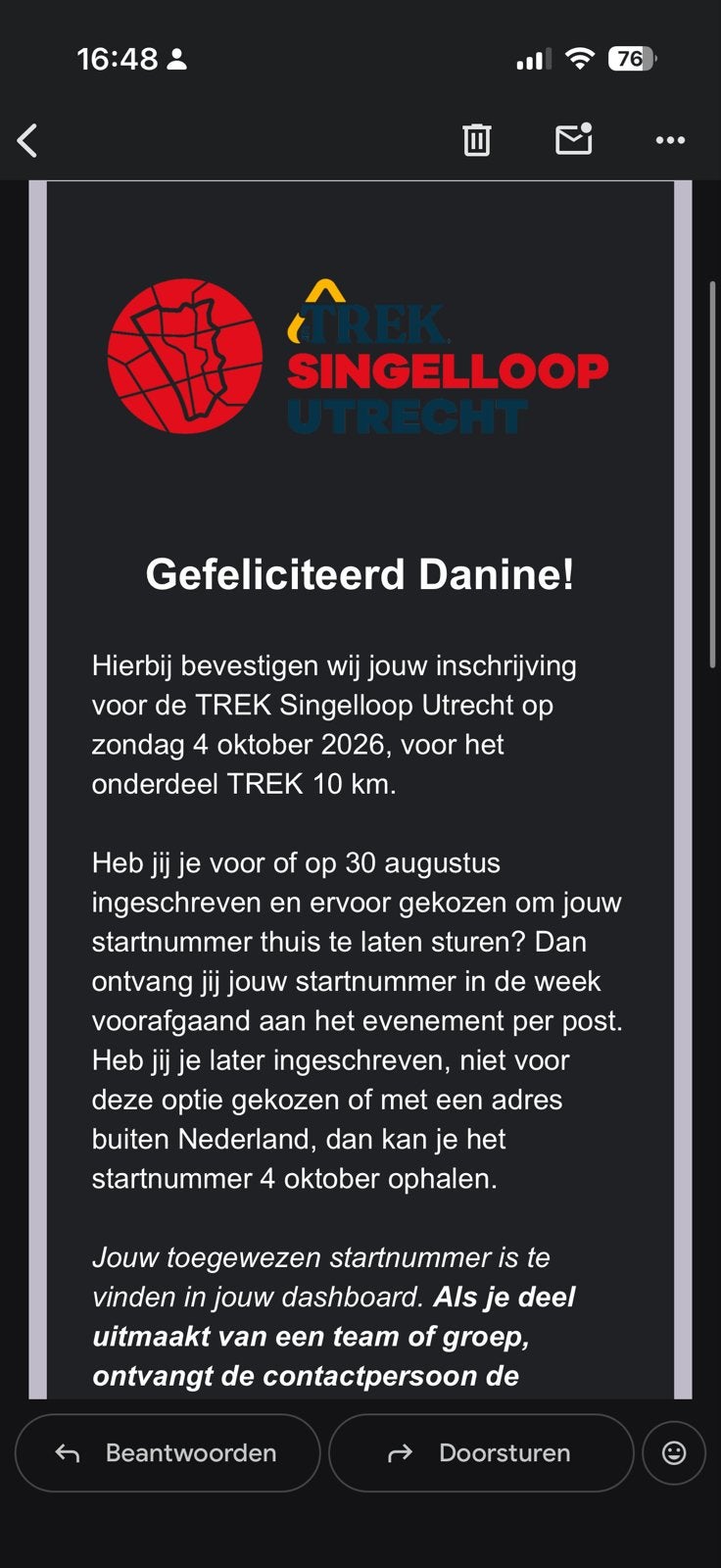 Startnummer Singelloop Utrecht 10km
