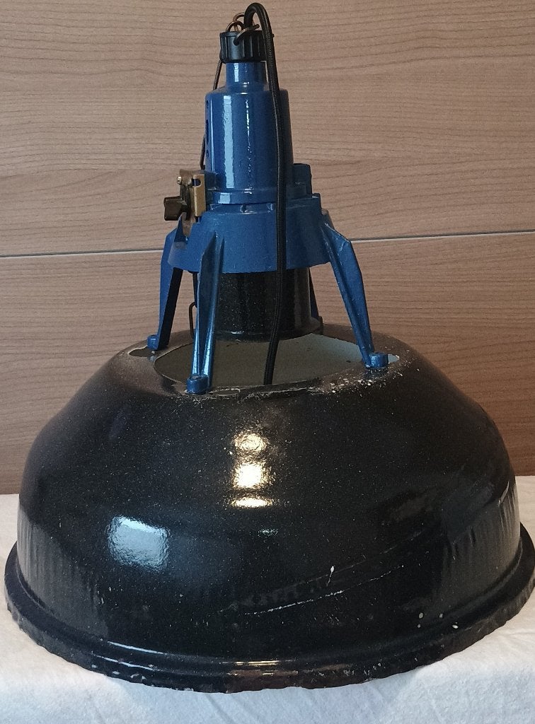 Vintage Industriële Hanglamp - Blauw/Zwart Emaille, Huis en Inrichting, Gebruikt, Overige fittingen, Ophalen of Verzenden, Industrieel, Vintage