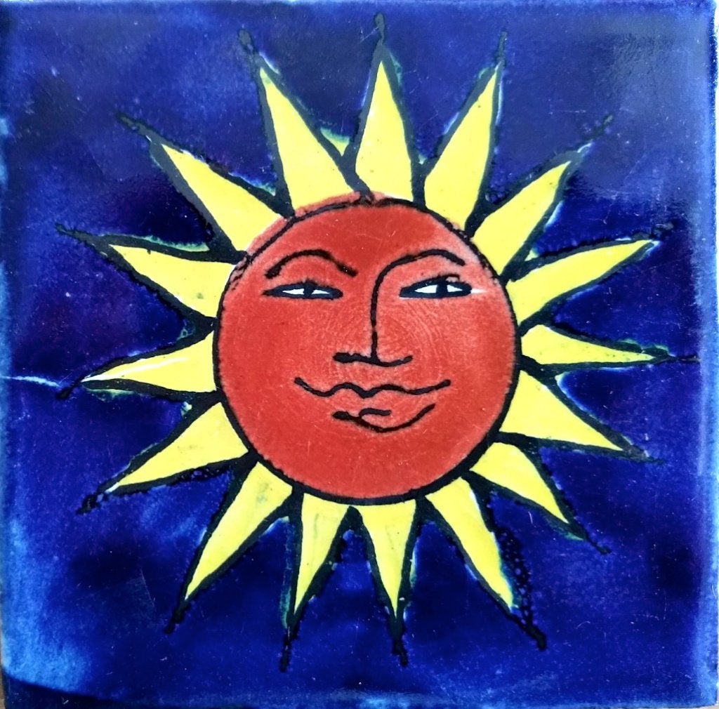 Vier keramiek tegeltjes met zon en maan (10,5 x 10,5 cm), Antiek en Kunst, Antiek | Wandborden en Tegels, Ophalen of Verzenden
