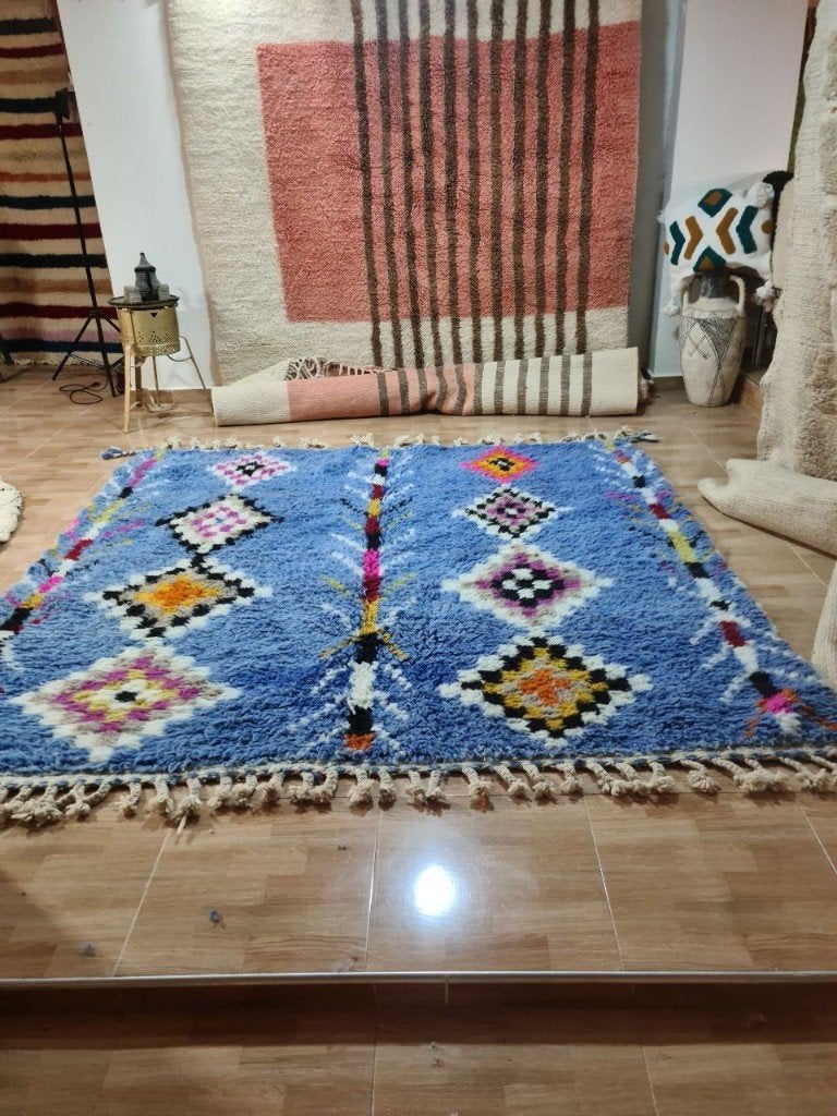 Beni Ouarain vloerkleed 200x300 – blauw kleurrijke ruiten, MarocCarpets, Info@maroccarpets.nl, Boho, handgemaakt, geometrisch, kleurrijk