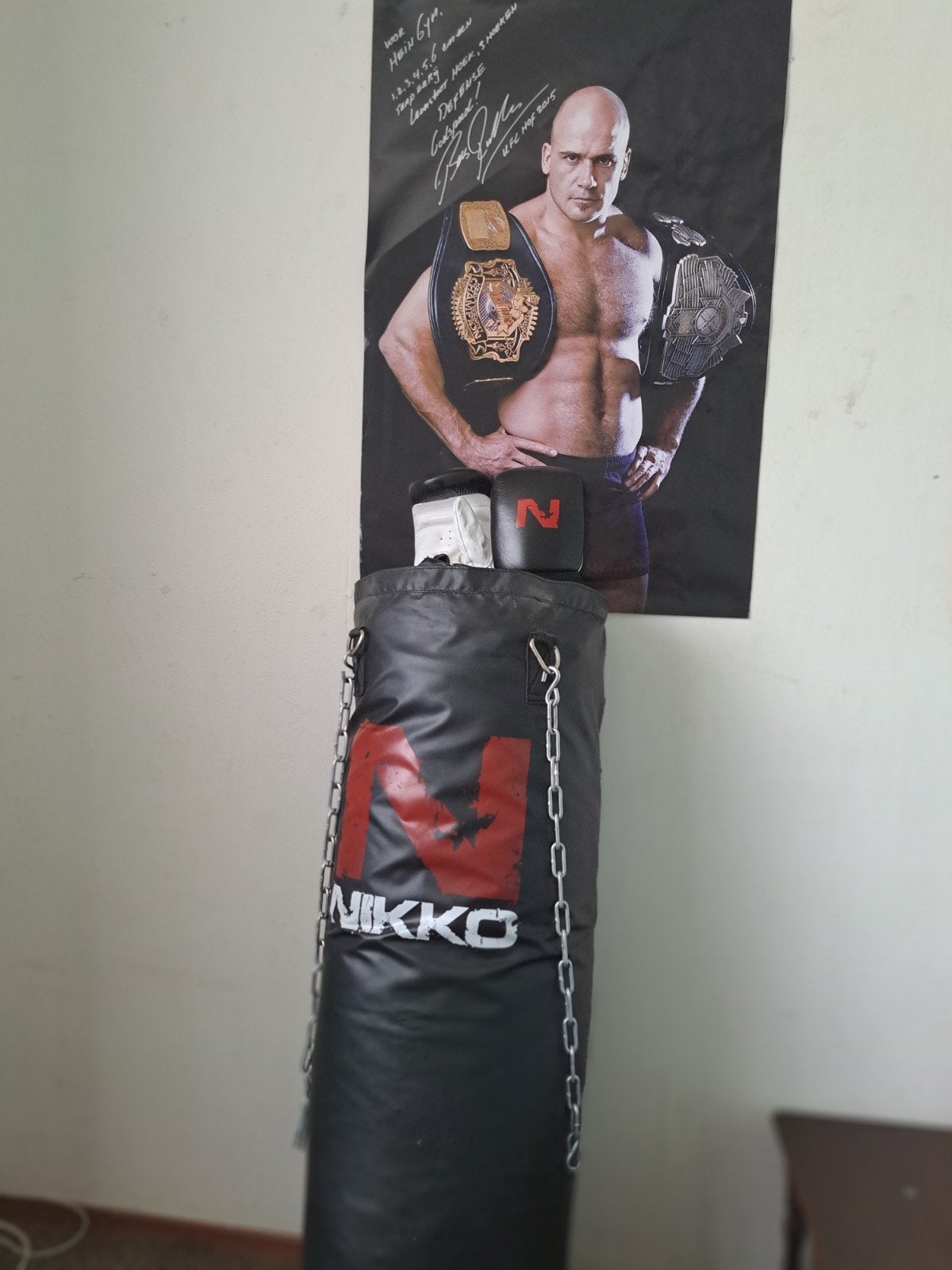 Pro Bokszak, handschoenen en gesigneerde Bas Rutten poster., Ophalen, Zo goed als nieuw, Bokszak