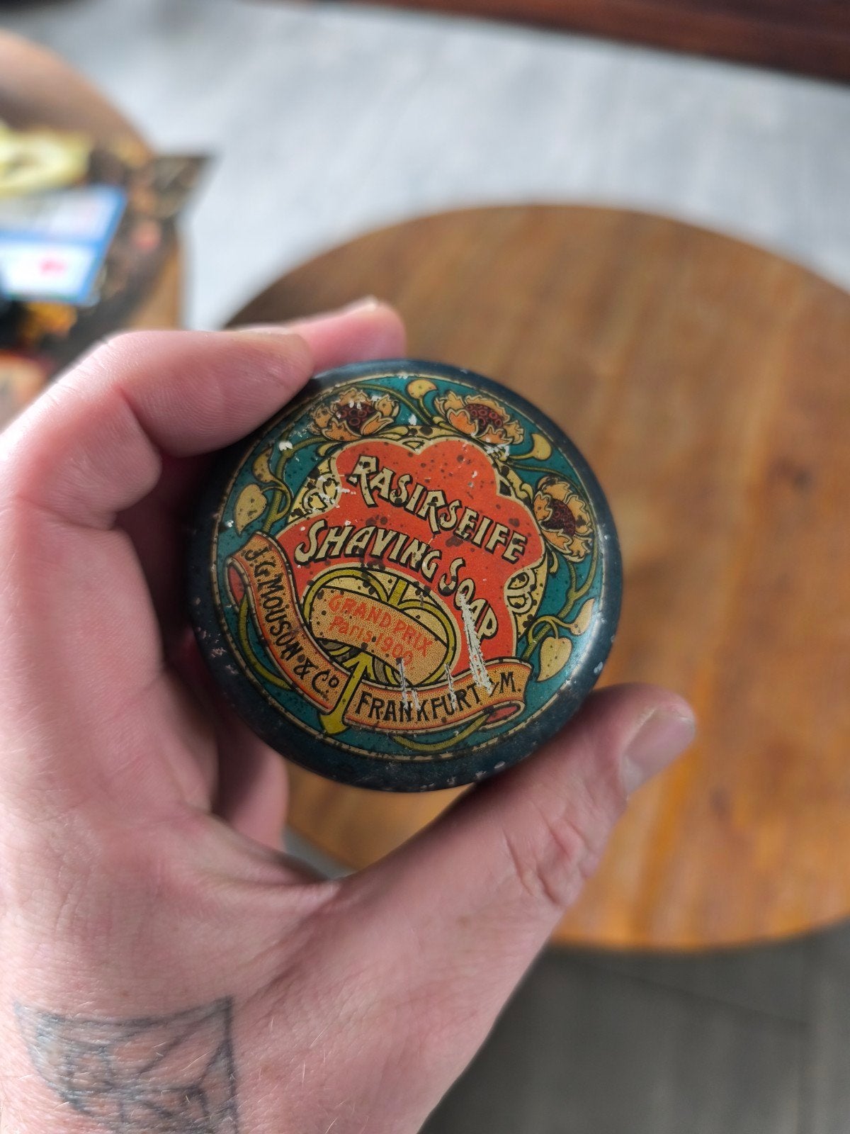 Antiek Art Nouveau Scheerzeep Blikje - J.G. Mouson & Co, Ophalen of Verzenden