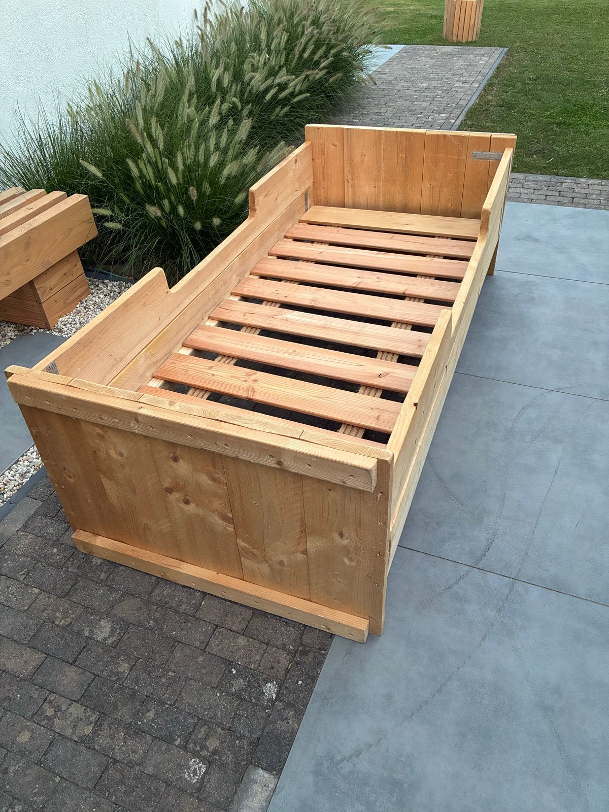 Steigerhouten bed 90x200 met lattenbodem, Ophalen, 90 cm, Eenpersoons, Bruin