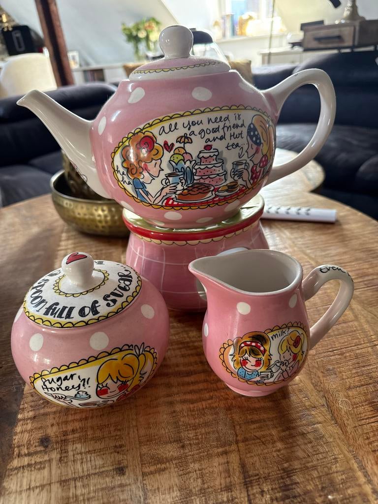 Blond Amsterdam theeservies met theepot, suikerpot en melkka, Ophalen of Verzenden, Gebruikt, Aardewerk, Compleet servies