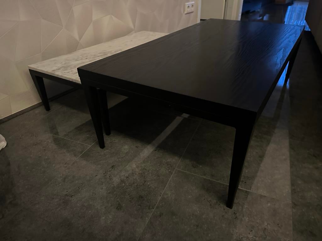 Set van 2 salontafels: zwart hout en wit marmer, Ophalen, 100 tot 150 cm, 50 tot 100 cm, Zo goed als nieuw
