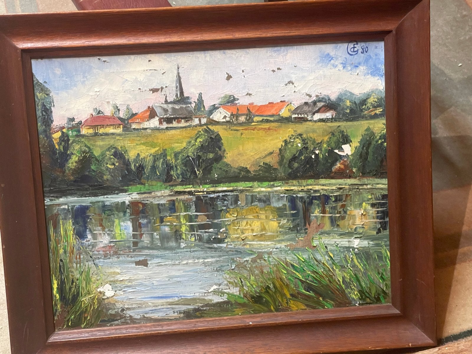 Schilderij: Dorpsgezicht aan het water, gesigneerd E.S. '80, Antiek en Kunst, Kunst | Schilderijen | Klassiek, Ophalen, Doek, Realistisch