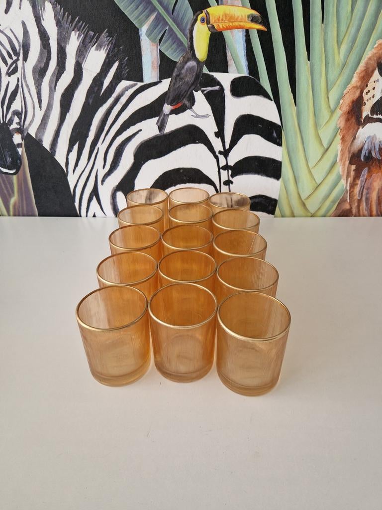 Set van 15 Riverdale theelichthouders, goudkleurig glas, Ophalen of Verzenden, Zo goed als nieuw, Goud, Glas
