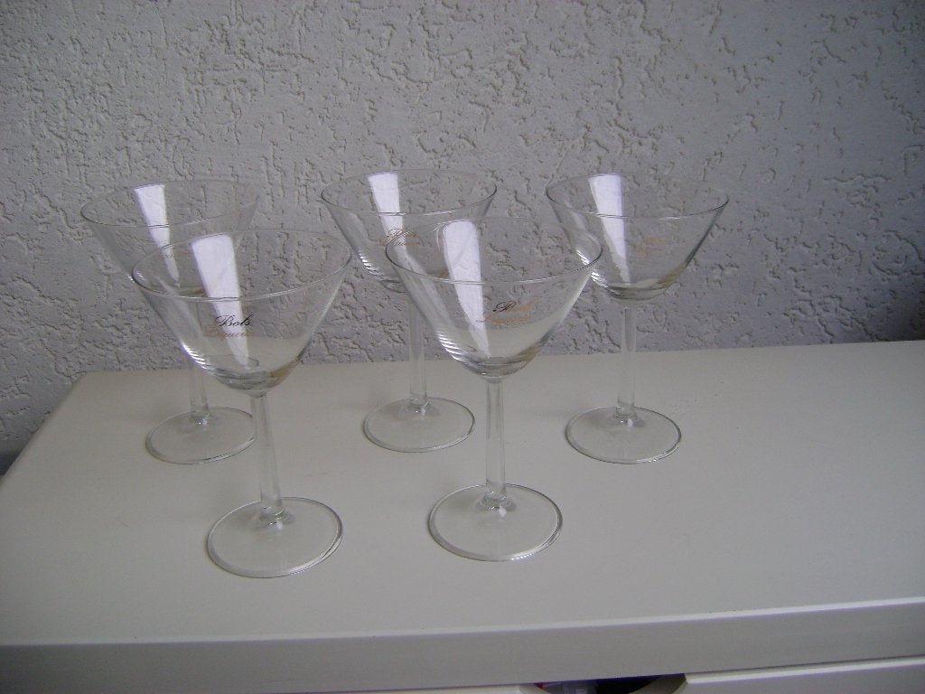5 bols likeur glazen op voet met goudkleurige tekst 15,5hoog, Ophalen of Verzenden, Zo goed als nieuw, Overige typen