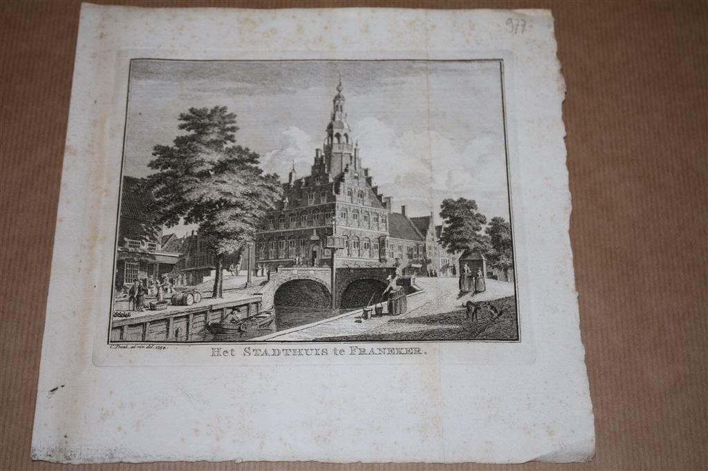Antieke gravure/ets - Stadthuis te Franeker - 1754, Antiek en Kunst, Ophalen of Verzenden