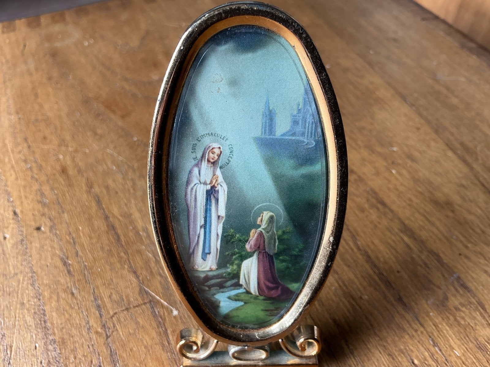 Mini portret Lourdes: Maria en Bernadette in ovale lijst, Ophalen of Verzenden
